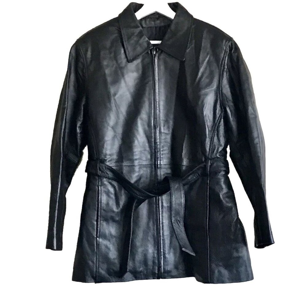 Genuine Leather Black Belted Full Zip Jacket Women's Size XL Made In México‎